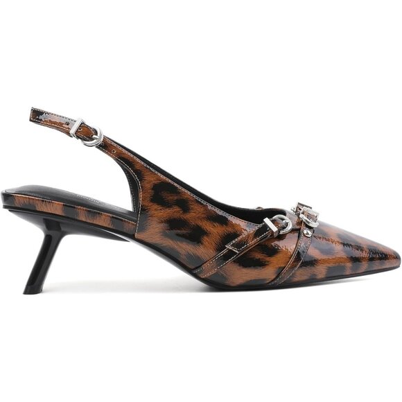Women's Leopard Pointed Toe Pumps Patent Leather Slingback Heels With Buckle - Picture 4 of 9